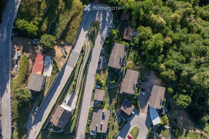 residential area with multiple houses, curved road, green grass, trees, solar panels