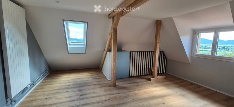 Empty attic room with wooden flooring, exposed wooden beams, and two windows offering a view of the landscape.