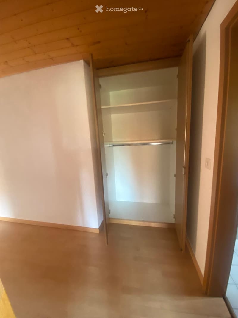 Empty hallway with wooden flooring, white walls, and an open closet with empty shelves and a hanging rod.