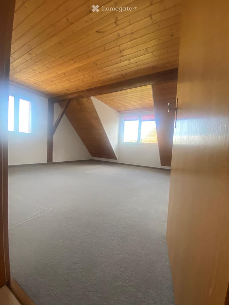 Empty room with wooden slanted ceiling, carpeted floor, and large windows allowing natural light.