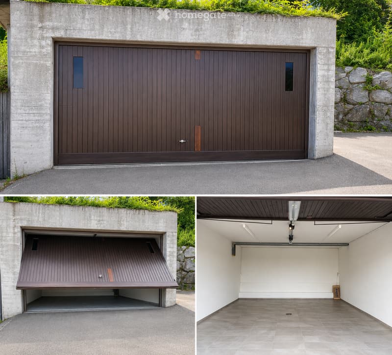 Modern concrete garage with a large wooden door, greenery on the roof, and a clean, minimalist design.
