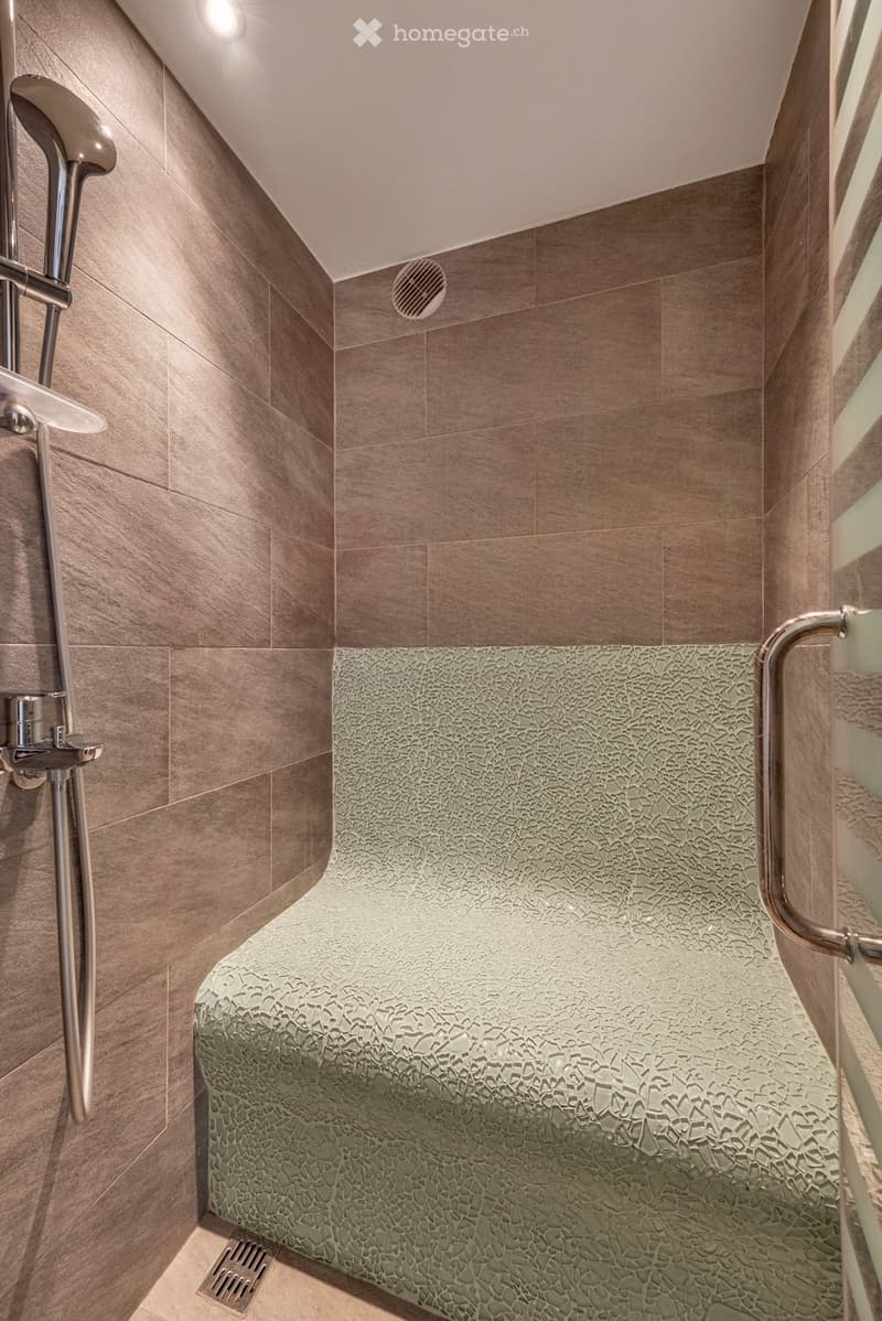 Bathroom. Modern bathroom with a sleek shower area, featuring a textured green mosaic tile seat and a stainless steel showerhead with handheld sprayer.
