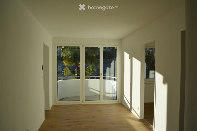 Empty room with light-colored walls, wooden flooring, and large glass doors leading to a balcony with palm trees visible outside.