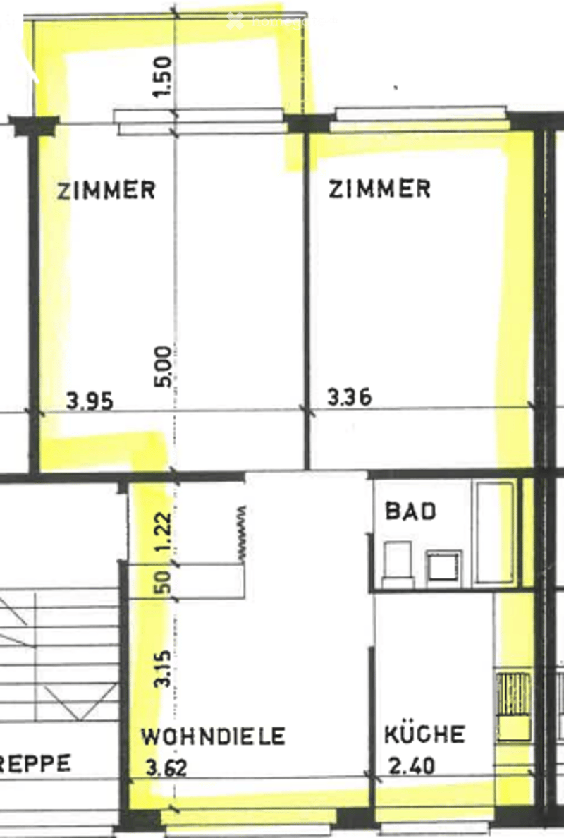 Floor plan showing a living room, kitchen, two bedrooms, and a bathroom with dimensions labeled.