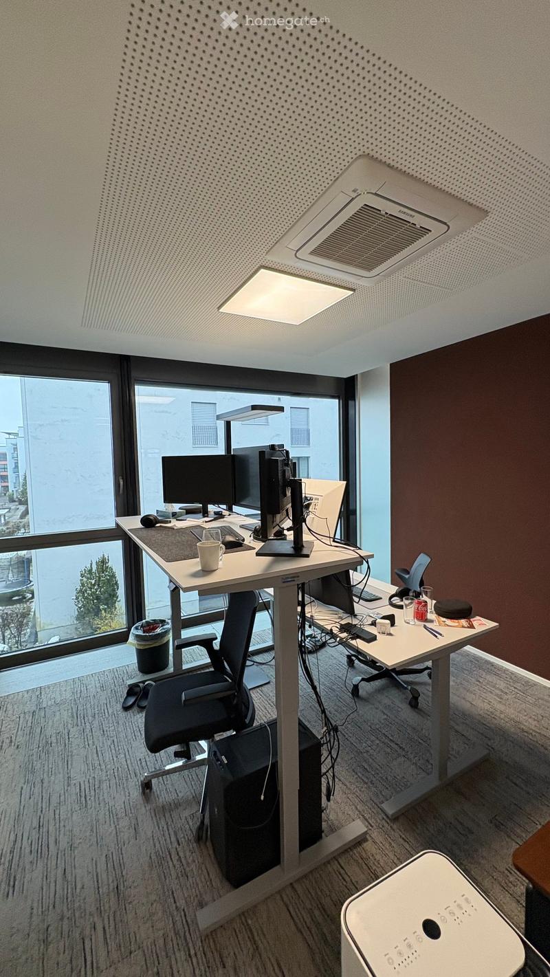 Office with two desks, monitors, chairs, trash bin, and a view of the outside.