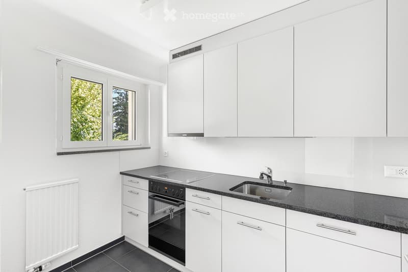 Modern kitchen with white cabinets, black countertops, and stainless steel appliances including an oven and sink.