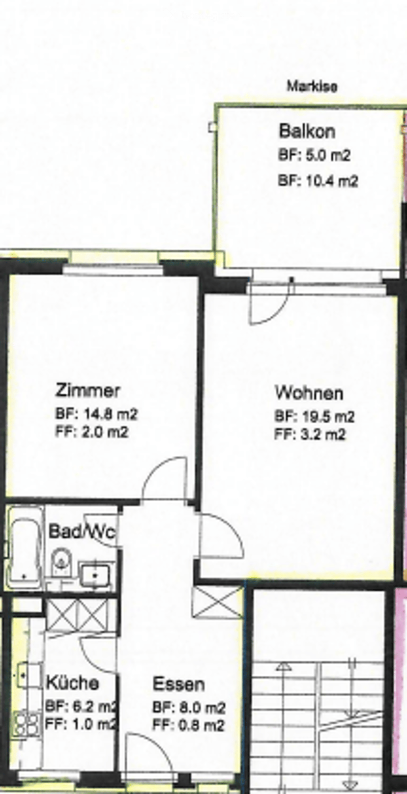 Floor plan showing a layout with a balcony, living room, dining area, kitchen, bedroom, and bathroom.