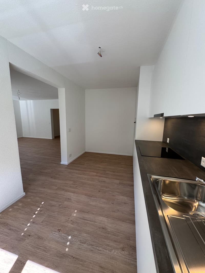 Empty kitchen with wooden flooring, white walls, and a stainless steel sink. No furniture or appliances are present.