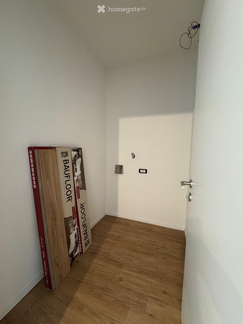 Empty hallway with wooden flooring, white walls, and a closed door at the end. There are some cardboard boxes and wooden planks leaning against the left wall.
