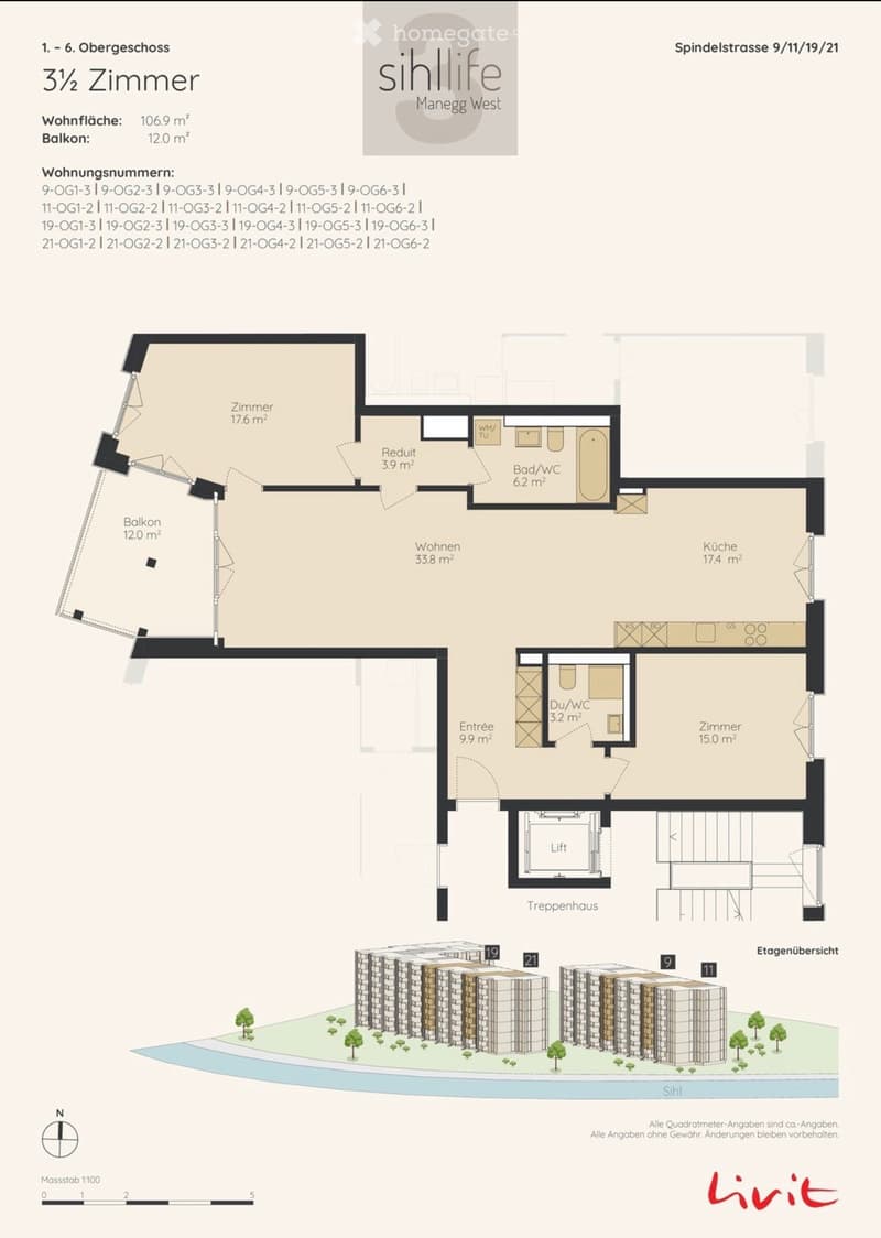 Floor plan of a 3.5-room apartment with a living area, kitchen, bedroom, bathroom, and balcony.
