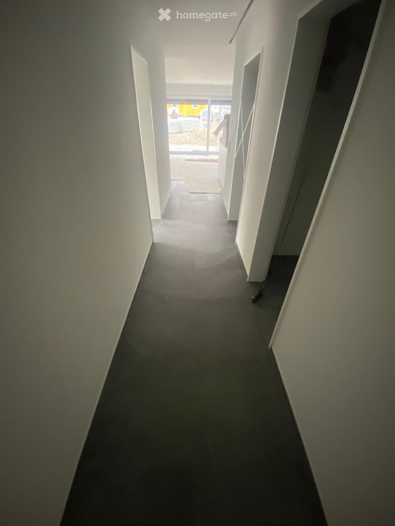 A narrow, carpeted hallway with light-colored walls and a dark floor, leading to an open area with natural light.