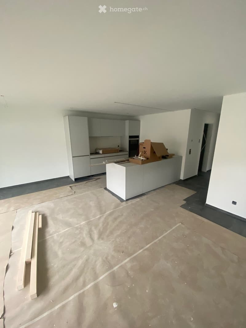 Empty room with unfinished concrete floor, white walls, and built-in kitchen cabinets. Some cardboard boxes and wooden planks are present.