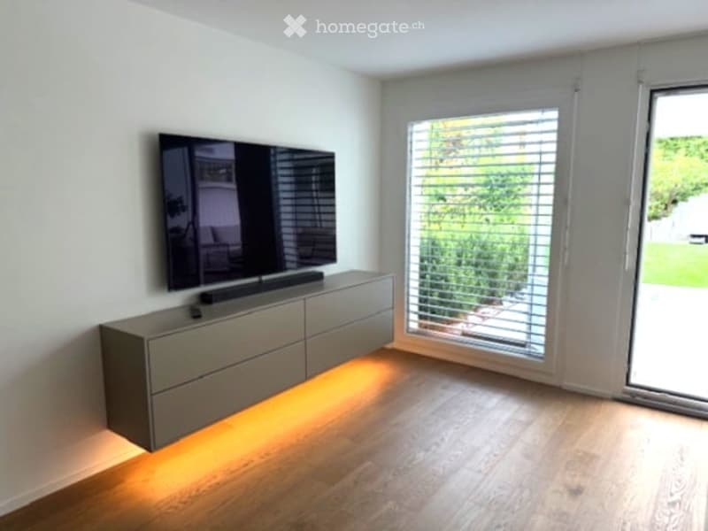 Modern living room with a large flat-screen TV mounted on the wall, a sleek grey cabinet below, and large windows with blinds offering a view of greenery outside.