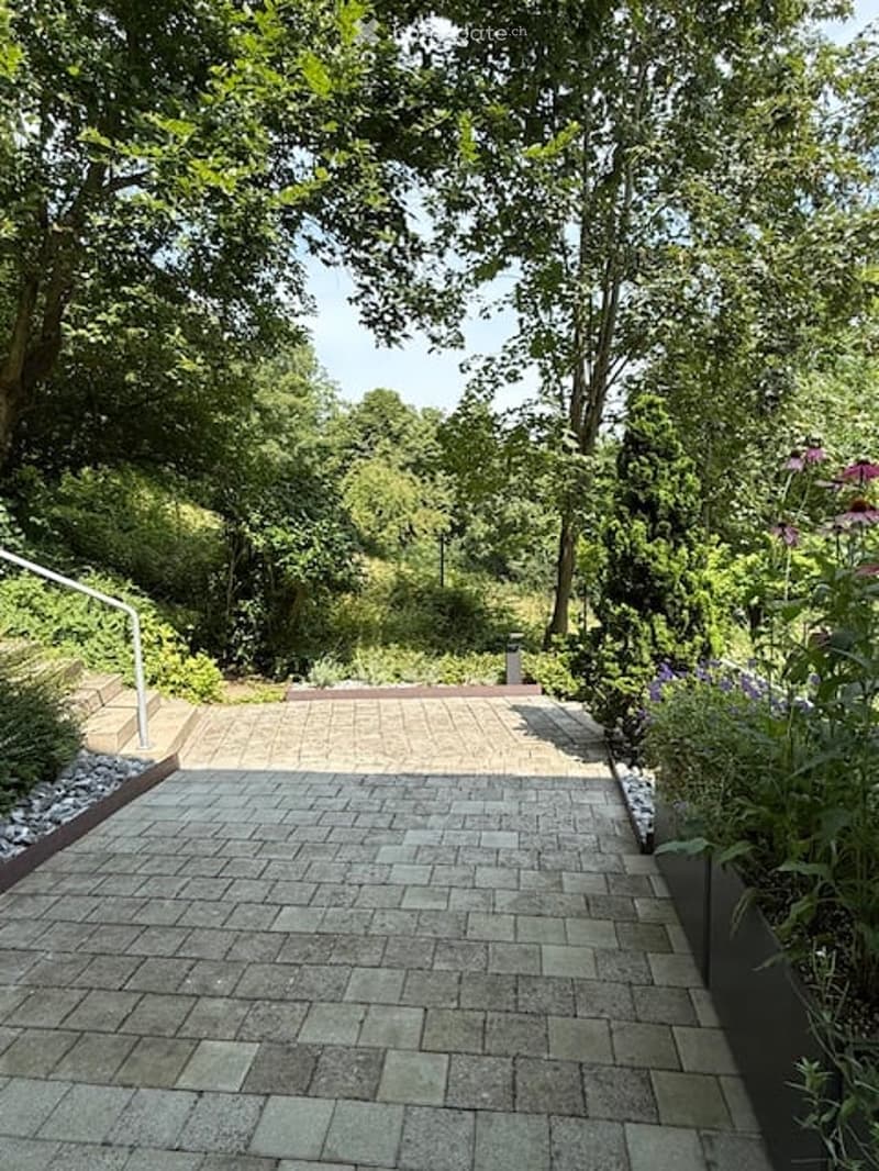 brick pathway, plants, trees, shrubs, flowers, handrail