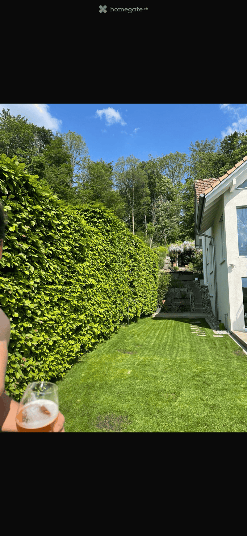 Well-maintained lawn bordered by a tall hedge, with a small patio area and outdoor furniture near the house.