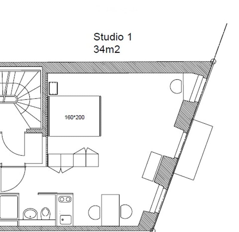 Studio layout with 34m2 area, includes living space, kitchen, bathroom, and balcony access.