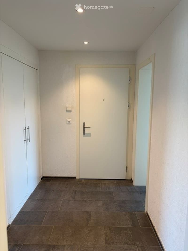 Clean, modern hallway with tiled flooring, white walls, and recessed lighting. Features a closed door and a mirrored cabinet on the right side.