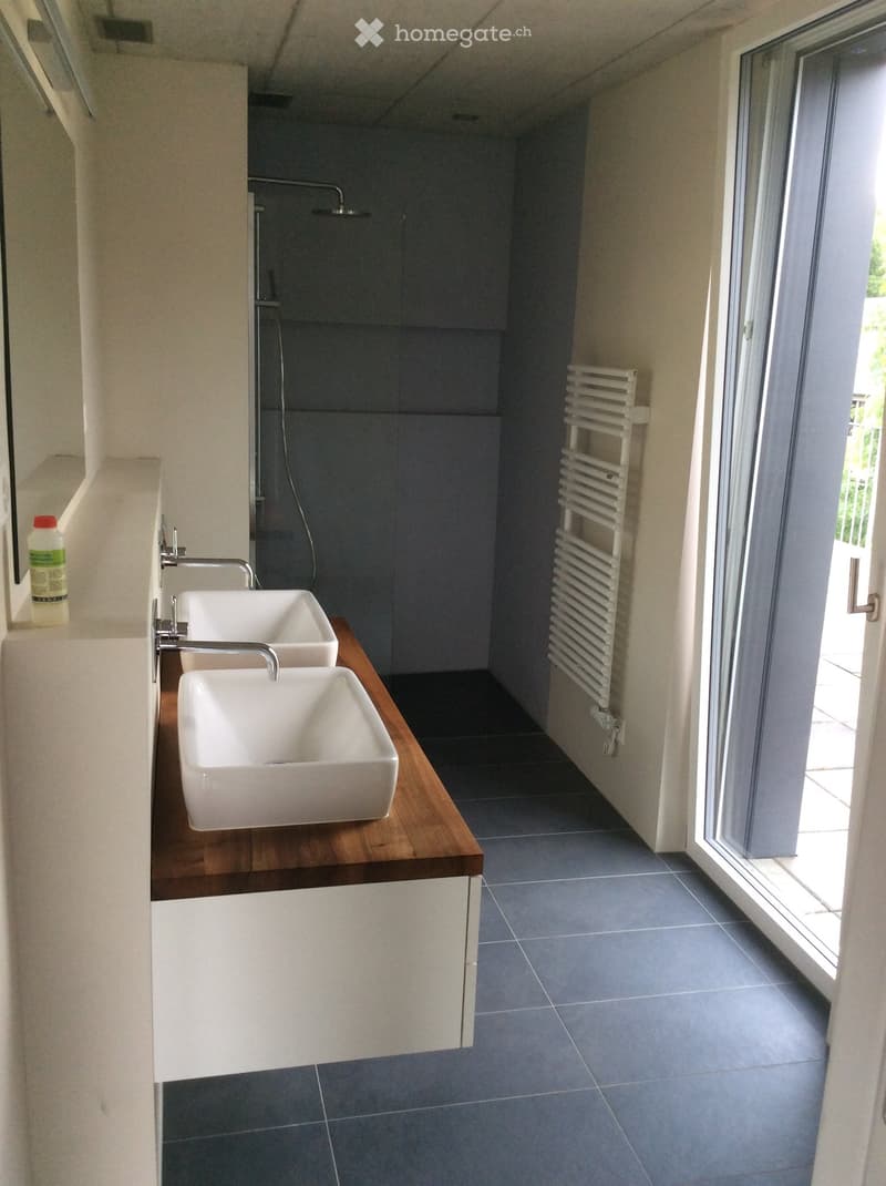 Modern bathroom with two white sinks on a wooden countertop, a radiator, and a shower area visible in the background.