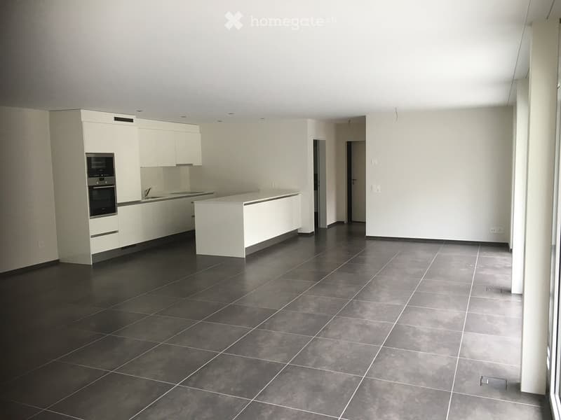 Modern kitchen with white cabinets, dark tiled floor, and built-in oven. Open layout with island counter.