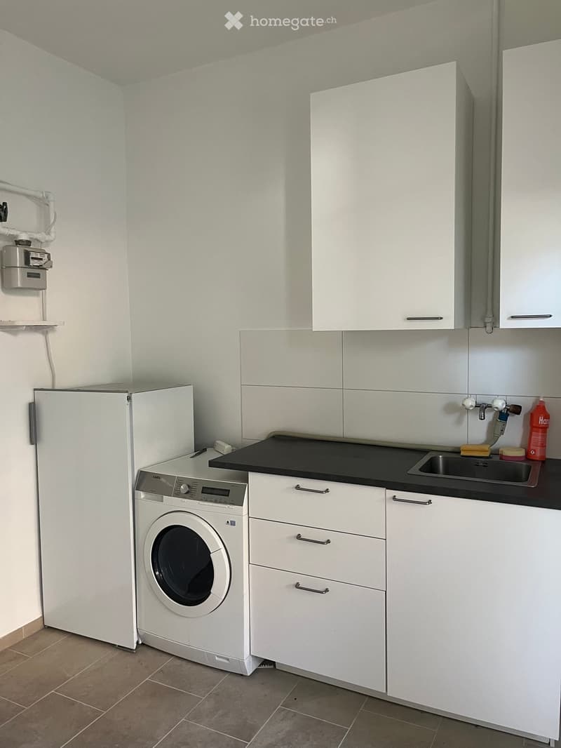 Modern kitchen with white cabinets, a black countertop, a sink, a washing machine, and a bottle on the counter.
