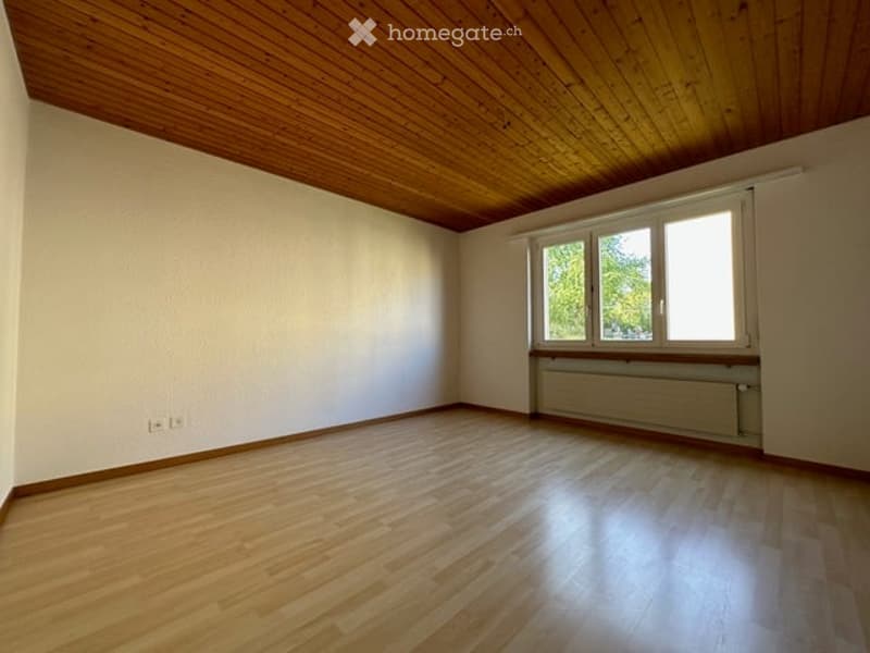Empty room with wooden flooring and white walls, featuring a wooden ceiling and large windows with a radiator below.