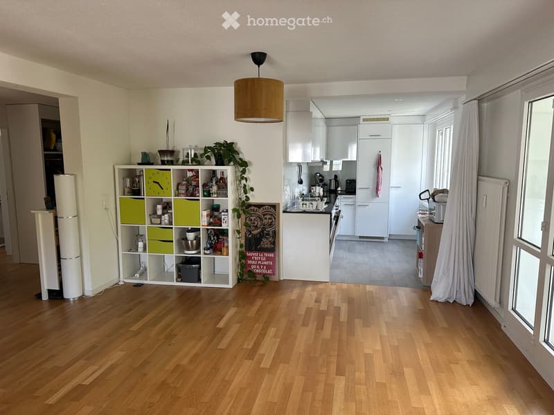 Open-plan kitchen and living area with light wooden flooring, white cabinets, a pantry shelf with various items, a blender, a fridge, an oven, a microwave, a radiator, a curtain, a pendant light, a poster, and a plant.