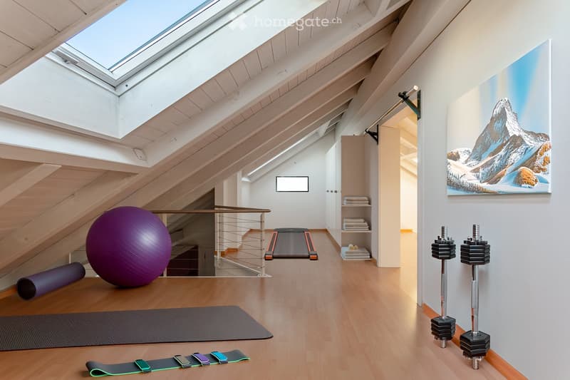Well-lit attic room with wooden floors, skylights, and fitness equipment including a large purple exercise ball, yoga mat, dumbbells, treadmill, and a pair of skis.