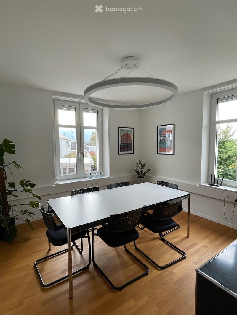 conference table, black chairs, three windows, two paintings, plant, power outlet, router