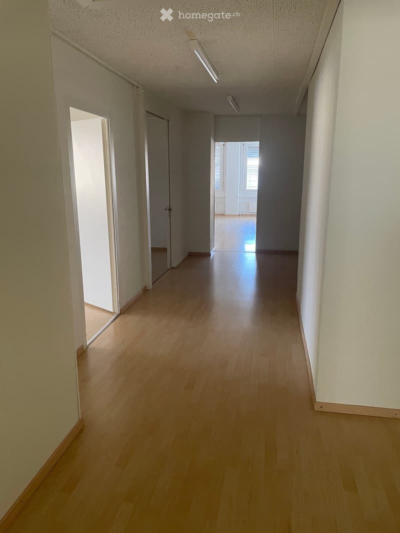 Corridor with wooden floors, white walls, and ceiling lights.