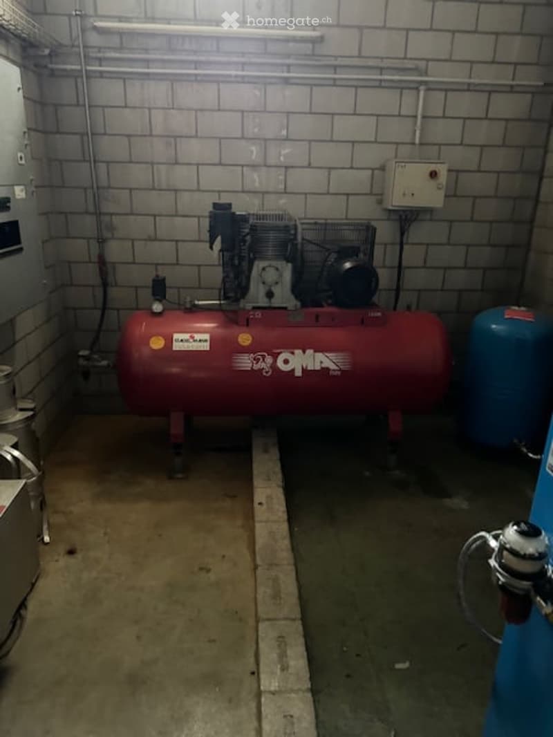 Other. Utility room with a red air compressor, blue gas cylinder, control panel, and various pipes and wires.