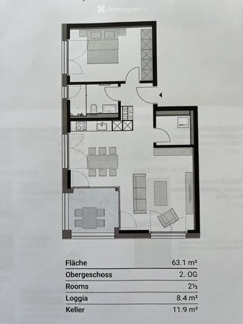 Floor plan of a 63.1 m² apartment on the second floor, featuring two bedrooms, a living area, a dining area, a kitchen, a loggia, and a basement.