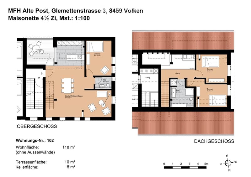 Floor plan of a 4.5-room maisonette apartment with two levels: upper level includes kitchen/dining/living area, bedroom, WC, and terrace; lower level includes hallway, bathroom, and bedroom.