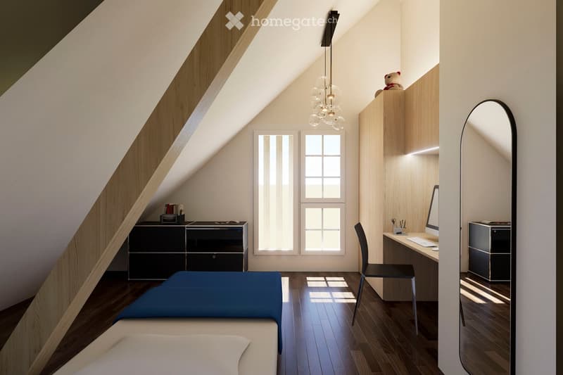 Modern attic bedroom with slanted wooden ceiling, large windows, bed, desk, chair, mirror, and storage unit.