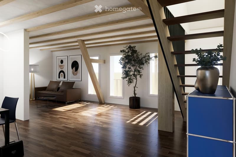 Modern living room with wooden flooring, exposed wooden beams, large windows, a brown sofa, a small coffee table, a floor lamp, and decorative vases.
