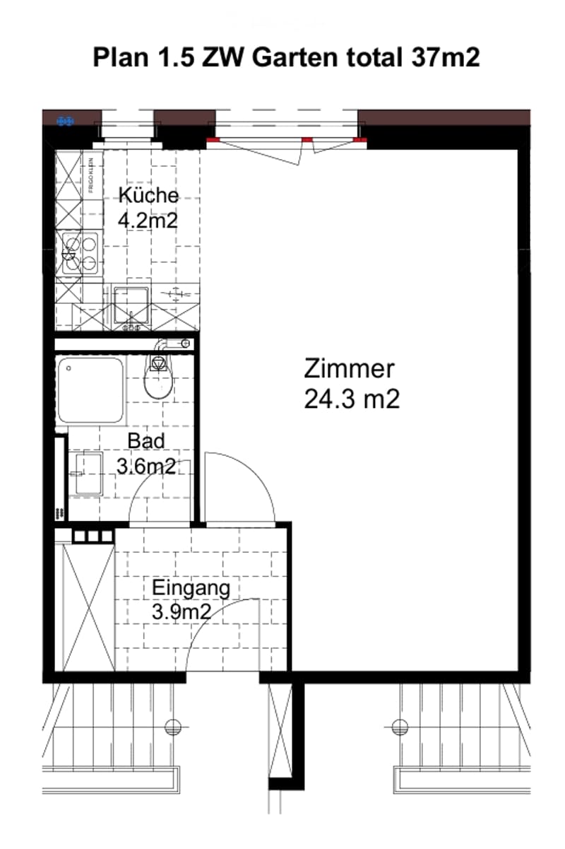 Floor plan of a 1.5-story apartment with a total area of 37 m², including a kitchen (4.2 m²), a bedroom (24.3 m²), a bathroom (3.6 m²), and an entrance area (3.9 m²).