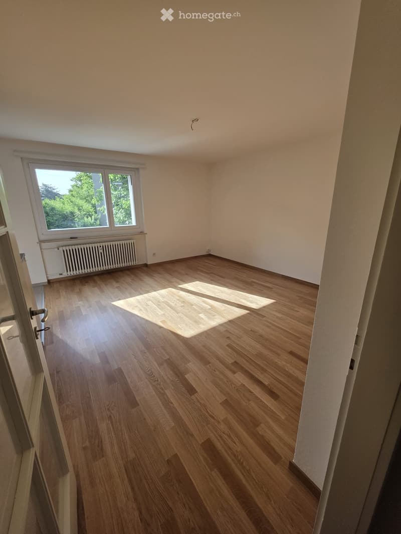 Empty room with wooden flooring, white walls, and a large window letting in natural light. A radiator is visible below the window.