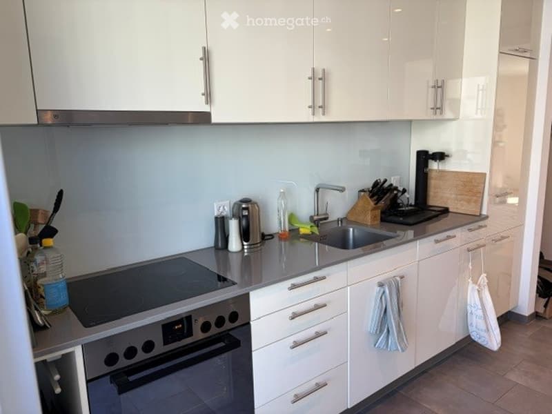 Modern kitchen with white cabinets, stainless steel appliances, and a clean, organized countertop.