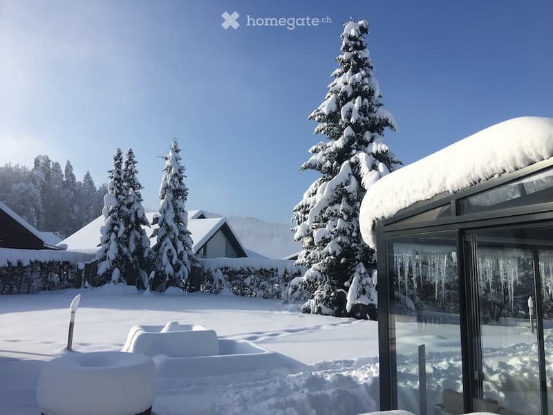 Snow-covered outdoor area with tall evergreen trees, a modern glass-walled structure, and snow-covered furniture.