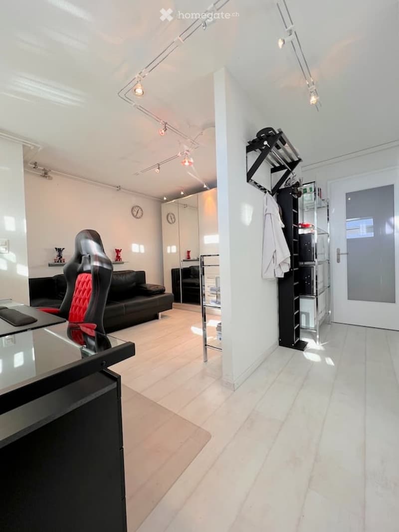 Modern, minimalist living room with white walls, light wooden flooring, and track lighting. Features a black leather sofa, red accent chair, glass coffee table, built-in cabinetry, and a small shelf with decorative items.