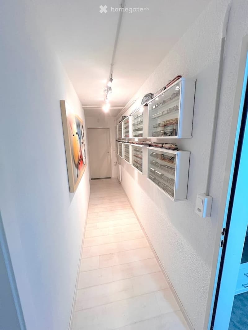 A narrow hallway with white walls, tiled floor, and built-in storage units on one side. A painting is displayed on the left wall, and a door is visible at the end of the hallway.
