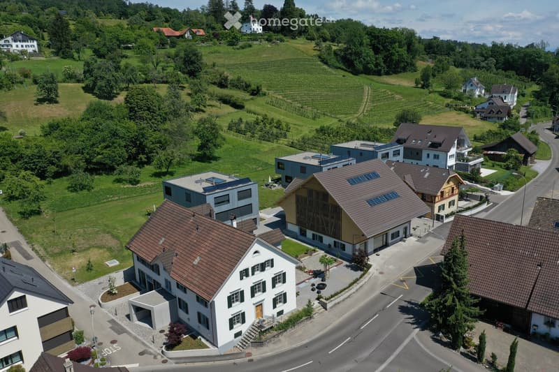 Aerial view of a residential area with multiple houses, surrounded by green fields and trees. Houses have varied architectural styles and are connected by paved roads.