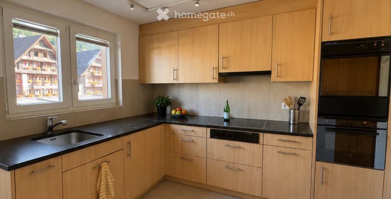 Modern kitchen with light wooden cabinets, black countertops, stainless steel sink and faucet, built-in oven, and stove. There is a small potted plant and a bottle on the counter.