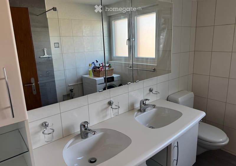 Modern bathroom with double sink, large mirror, toilet, and cabinet. The sink has two faucets and a glass cup on the counter. A basket with toiletries is visible in the background.