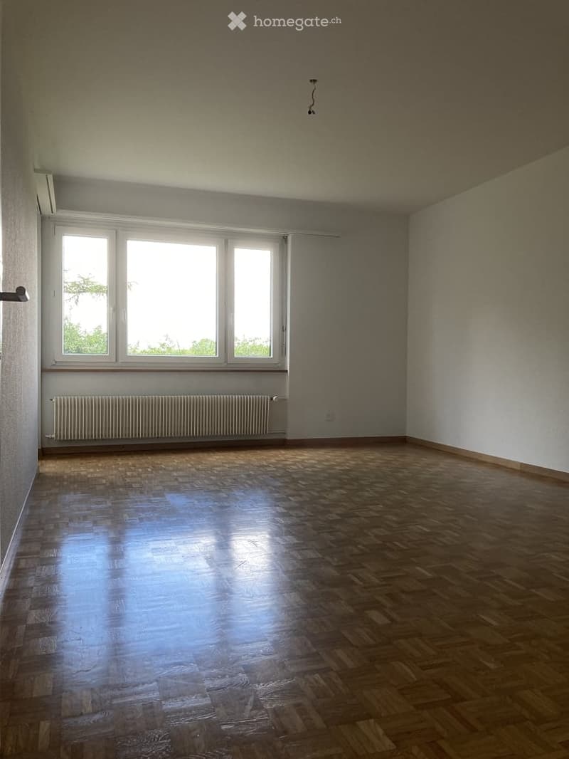 Empty room with wooden flooring, large windows, radiator, and air conditioning unit.