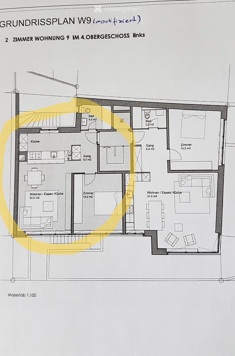 Floor plan of a 2-room apartment on the 4th floor, featuring a living/dining/kitchen area, bedroom, hallway, and two bathrooms.