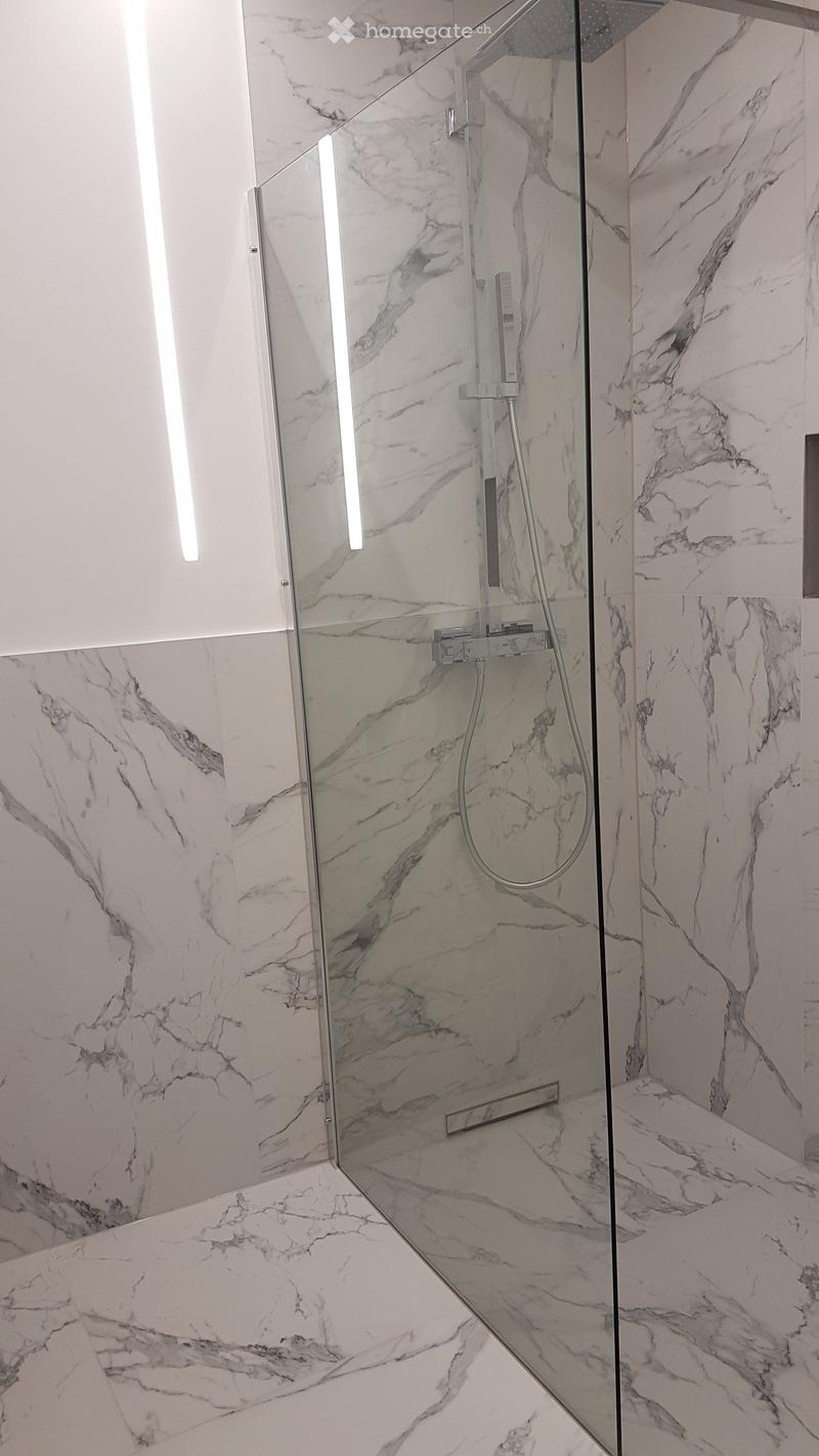 Modern bathroom with marble tiles, glass shower enclosure, and sleek showerhead.