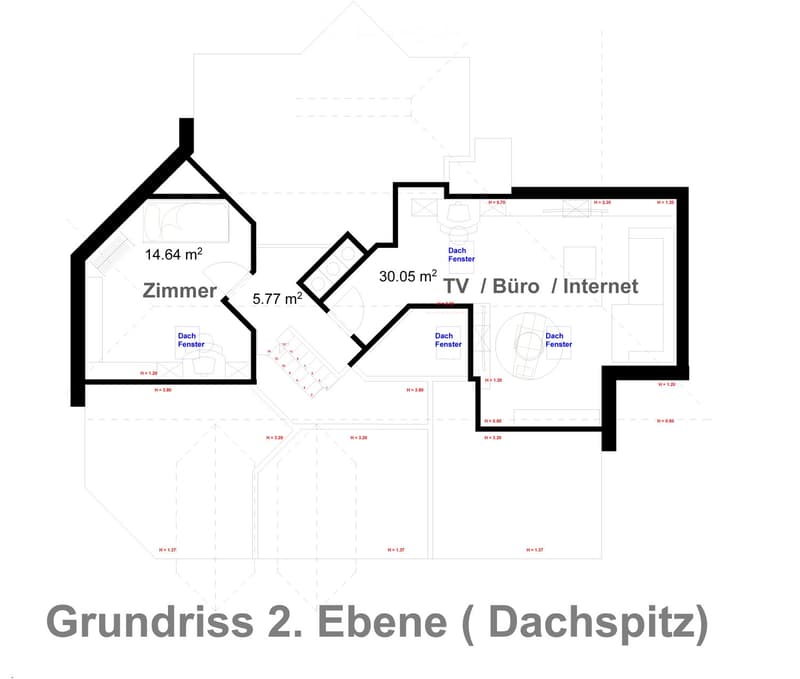 Floor plan of the second level (roof level) showing a room, TV/bureau/internet area, and roof windows.
