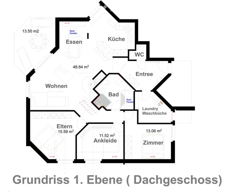 Floor plan of a roof level showing living spaces, kitchen, bathroom, laundry, and bedroom areas.