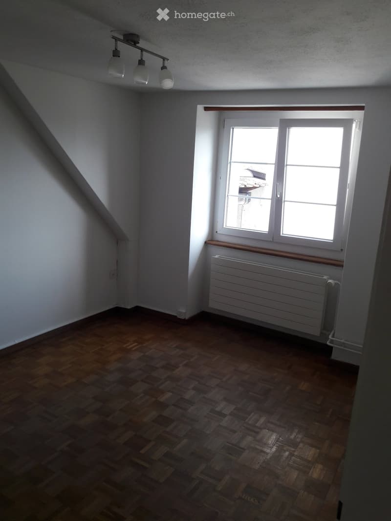 Empty room with wooden flooring, white walls, and a large window with white frame. Features a radiator below the window and a ceiling light fixture with three lamps.