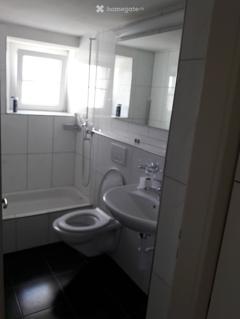 Modern bathroom with white tiles, a toilet, a sink, a bathtub, and a large mirror above the sink. Natural light comes through a window on the left side.